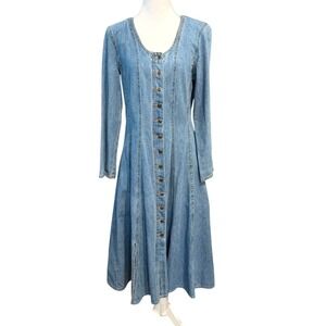 Denim Fit & Flare Midi Dress Size Small Button Front 90s Prairie Cowgirl FLAWED
